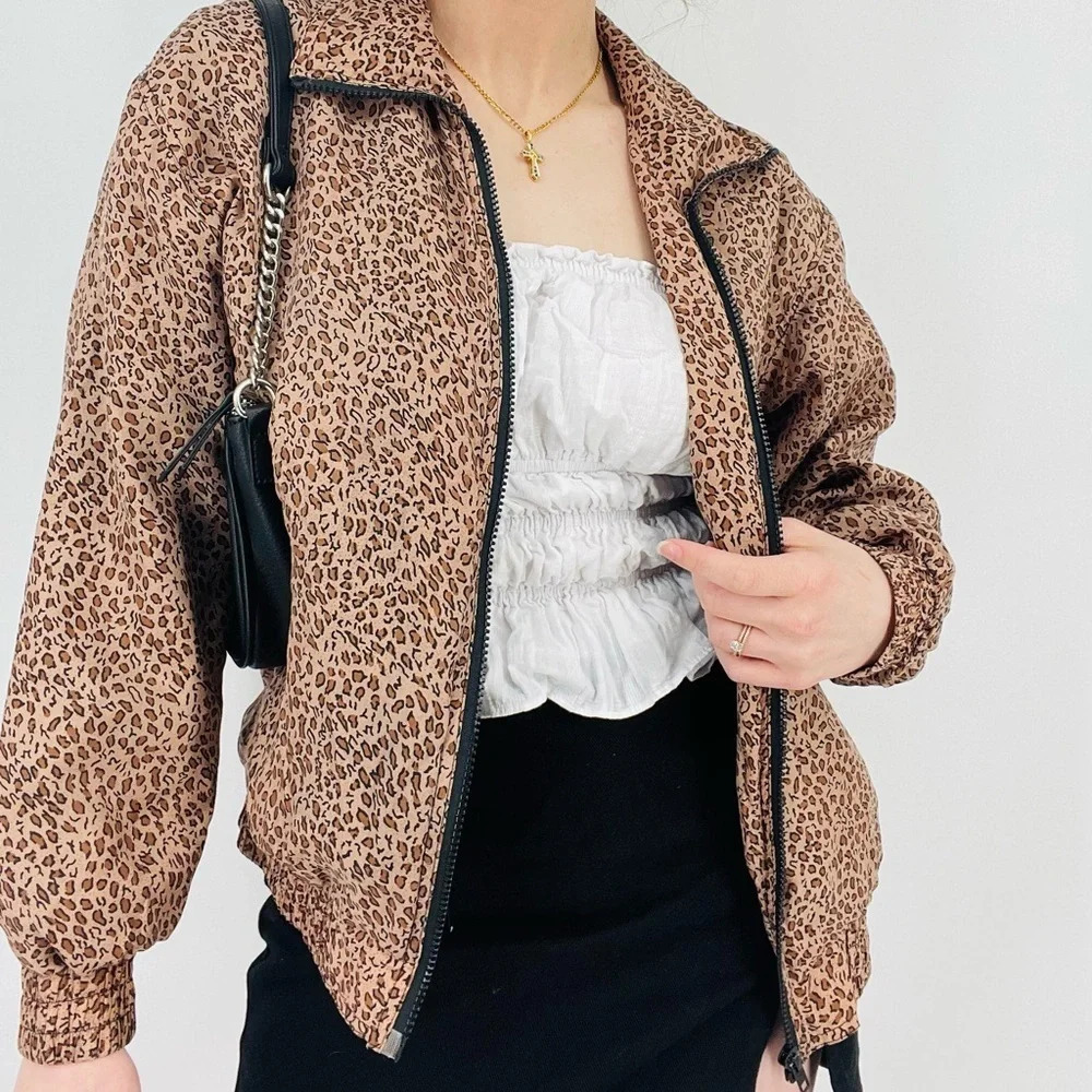 vintage 100% silk leopard print bomber jacket zip up tan black size s